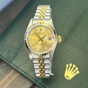ROLEX DATEJUST CHAMPAGNE DIAMOND DIAL 18KY FLUTED JUBILEE TWO-TONE WATCH 69173